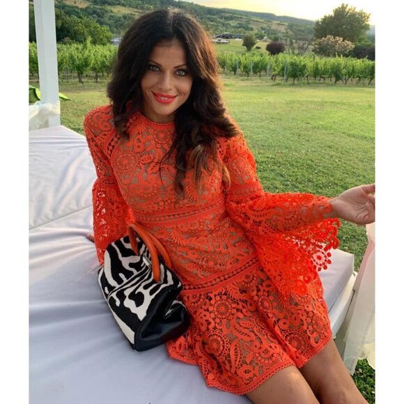 Michael by Michael Kors Lace Dress with Bell Sleeves in Orange, size 2 - Picture 2 of 11